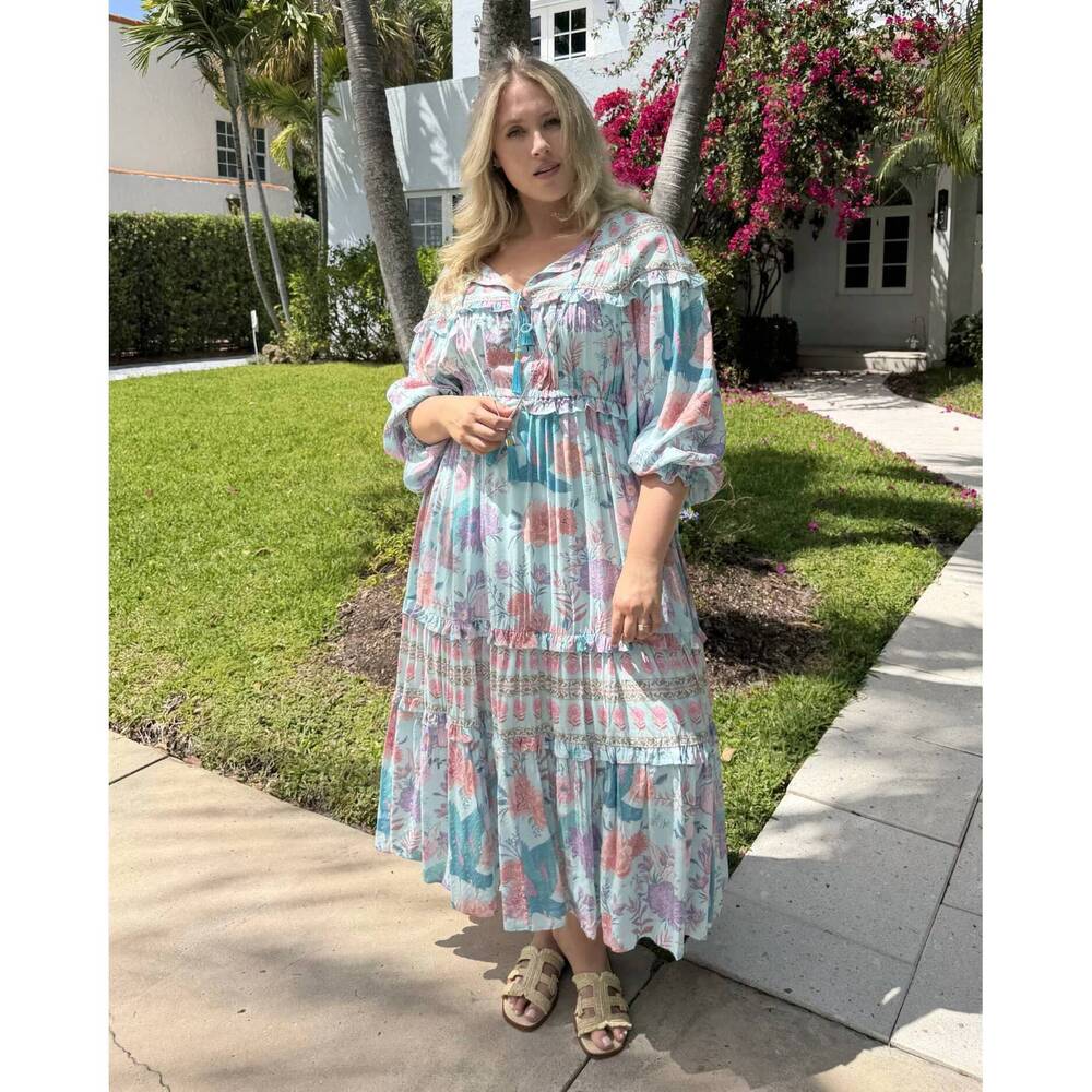 NEW STRAWBERRY PARIS bordeaux long-sleeve floral maxi dress in light blue
